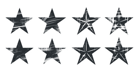 Eight Distressed Black Stars Graphic Design Elements for Branding and Decoration
