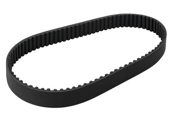 Close-up black rubber toothed belt with precise serrated edges, showcasing industrial precision against transparent backdrop