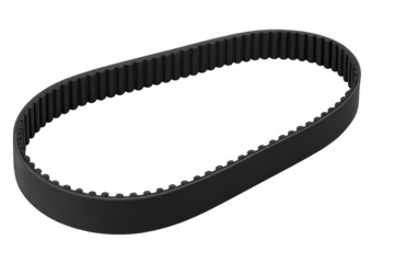 Close-up black rubber toothed belt with precise serrated edges, showcasing industrial precision against transparent backdrop