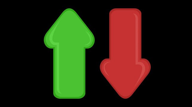 video animation two arrows changing color green or red and indicating up down direction sense, on a transparent background with alpha channel set to zero