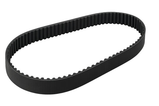 Close-up black rubber toothed belt with precise serrated edges, showcasing industrial precision against transparent backdrop