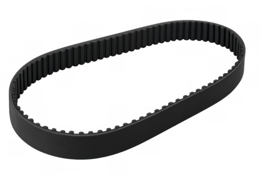 Close-up black rubber toothed belt with precise serrated edges, showcasing industrial precision against transparent backdrop