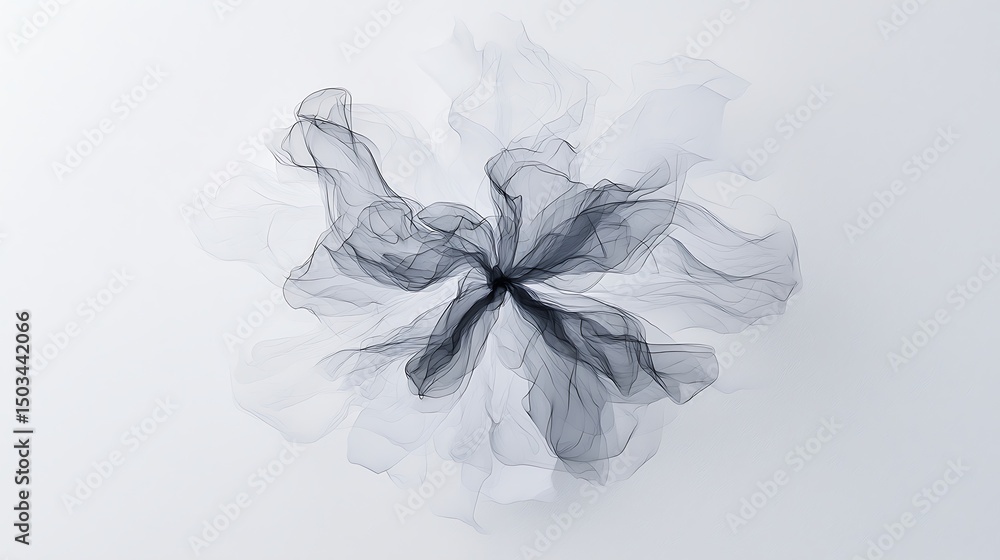 Poster abstract grey and white radial bloom design with flowing lines and dots