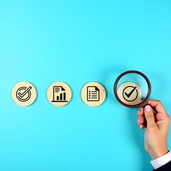 Document review and quality control process. A hand holding a magnifying glass focuses on completed, A clean and minimalistic business-themed
