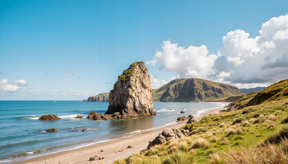 Coastal rock formation with sandy beach and hills under blue sky  
