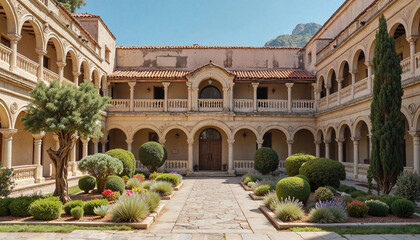 Obraz premium Scenic courtyard with lush gardens under clear blue sky, serene oasis