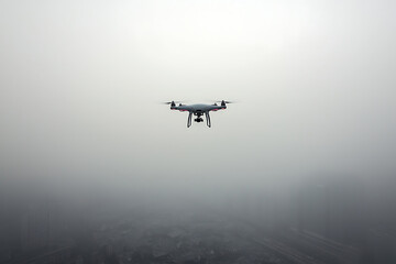 Drone flying foggy city.