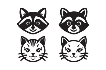 Cute Raccoon and Cat Face Icons Black and White Animal Vector Clipart Set