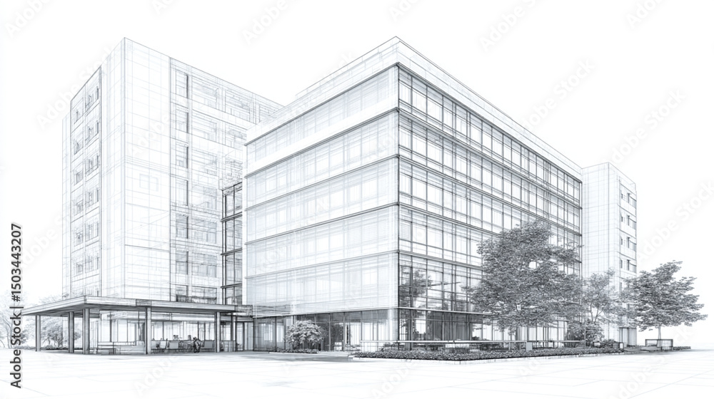 Poster architectural rendering of a modern building with glass windows and surrounding trees in black and w