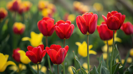 Obraz premium Vibrant red tulips in sharp focus with soft yellow tulips blurred in the background, creating a bright and lively floral scene with ample copy space...