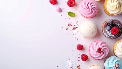 Delicious assortment of colorful cupcakes with fresh berries and sweet garnishments