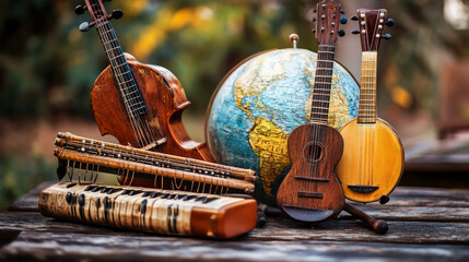Musical instruments with world globe background, global music education