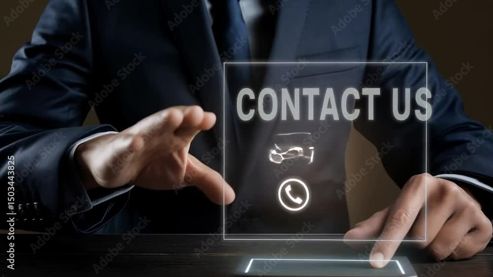 Poster businessman interacting with a contact us interface on a smartphone in a dark setting indoors