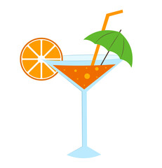 Cocktail with orange and umbrella on a white background