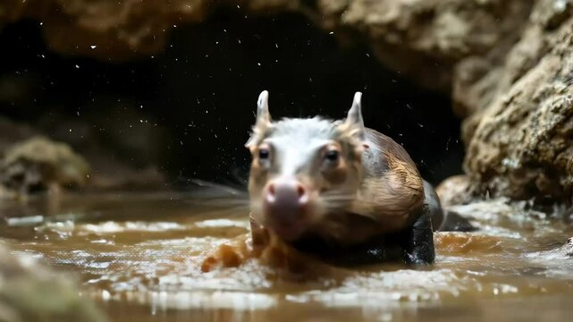  An aardvark emerging from a hidden spring, shaking muddy water off its coat