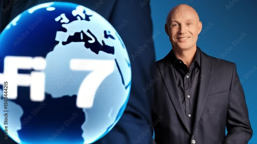 Poster Man holding laptop and globe with wi fi text in dark suit against blue background in studio shot
