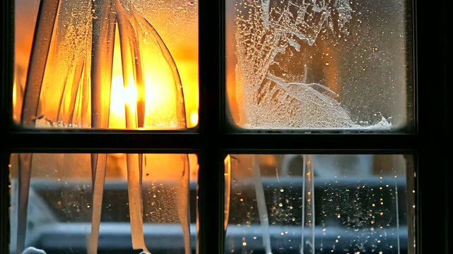 Sunset view through a fogged window with condensation, creating a warm, serene atmosphere