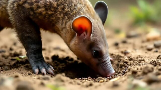 An aardvark hunting ants, digging rapidly and sniffing with precision