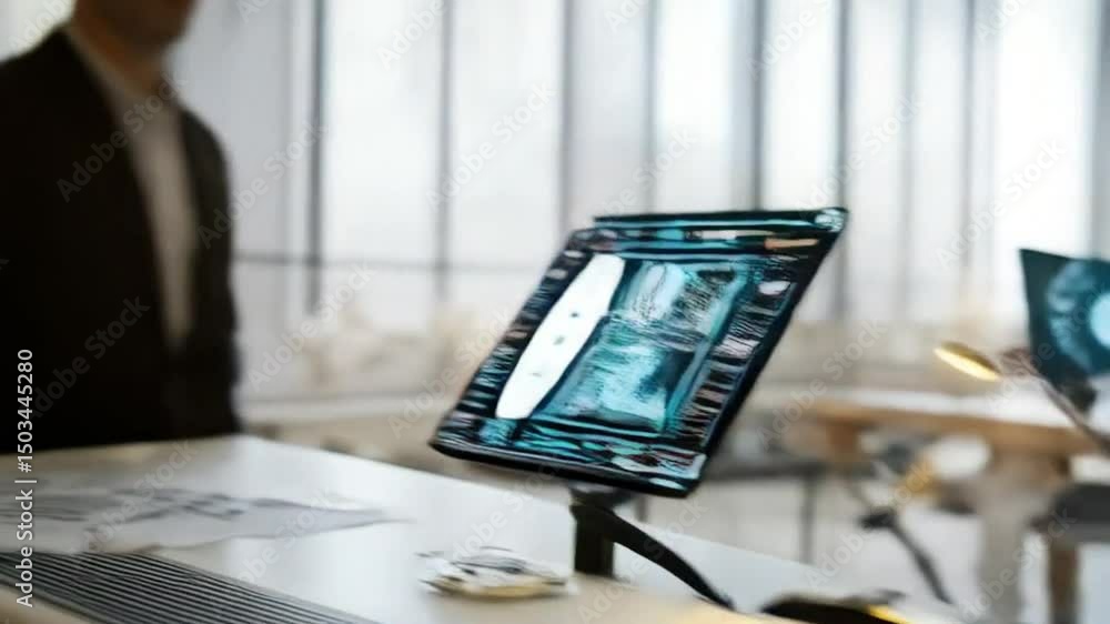 Leinwandbilder Person interacting with ai interface on tablet with data visualizations and charts overlaying screen