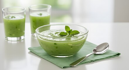 Refreshing Green Gazpacho Soup with Mint Garnish and Drinks - Healthy Food Concept