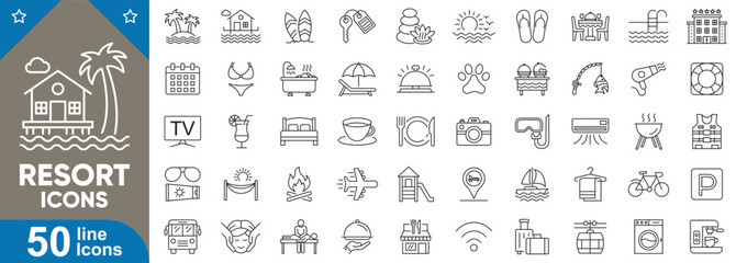 Resort, vacation icons set. Tropical beach hotel, palm tree, summer travel, pool, spa, relaxation, activities, sunbed and more. Symbols collection in modern vector illustration.