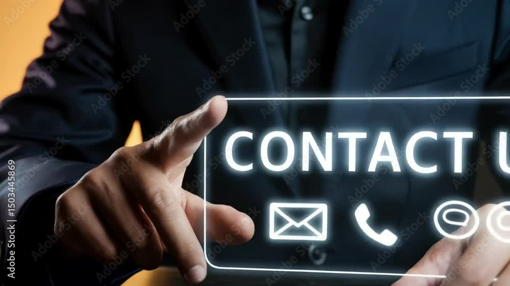 Aufkleber man in suit touching a digital contact us button with email phone and chat icons on a dark surface