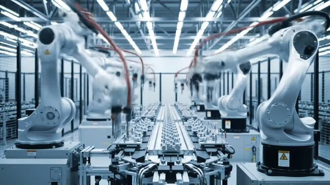 Automated Factory Assembly Line Robots, Conveyor Belts, Manufacturing, Production, Technology, Indus