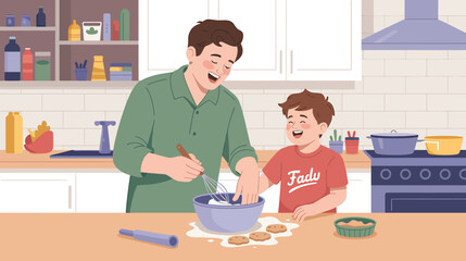 Father and Son Baking Cookies Together in a Kitchen