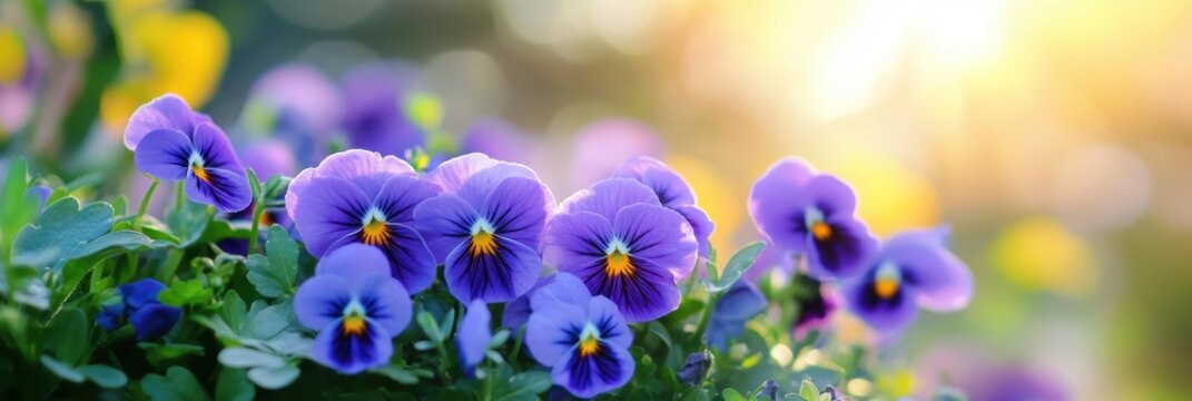 Tranquil Garden Scene: Vibrant Purple Pansies Bathed in Sunny Glow with Soft Blurred Background
