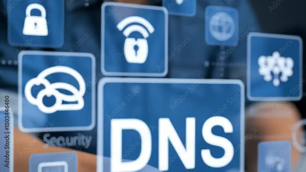 Poster person typing on laptop with dns and security icons overlayed on the screen in a digital display