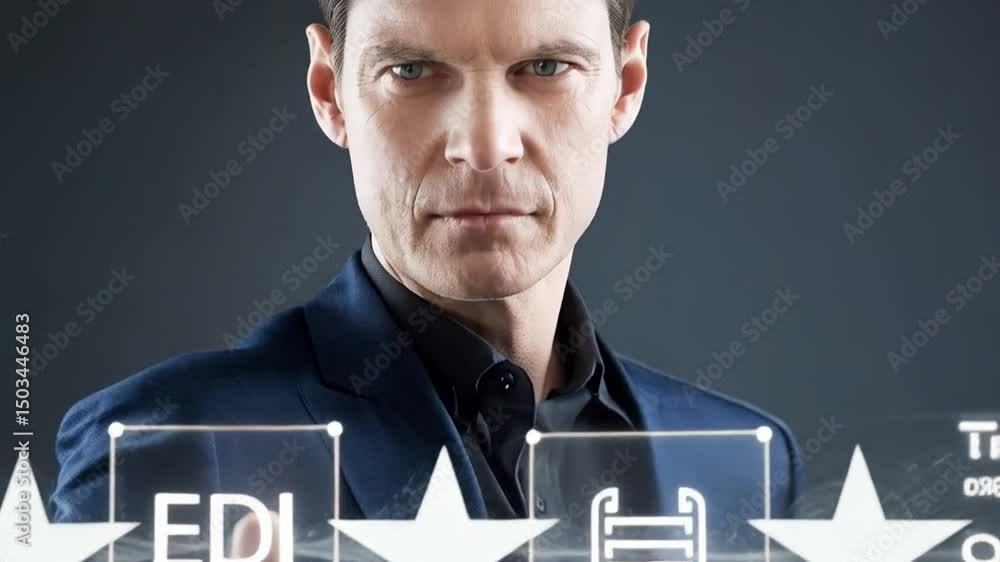 Aufkleber Man in suit touching edi interface with icons and stars on a digital display screen concept view