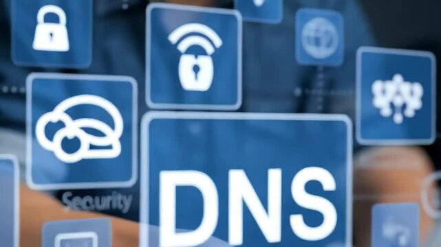 Person typing on laptop with dns and security icons overlayed on the screen in a digital display