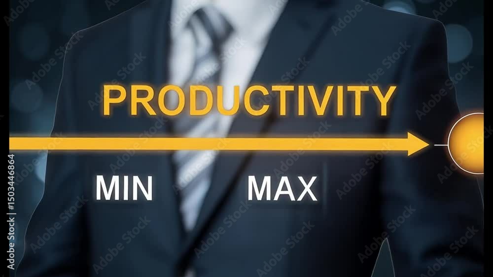 Poster Man in suit pointing to productivity meter with min and max settings for optimization concept
