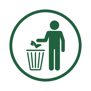 Green Icon of Person Throwing Trash in Bin for Recycling and Waste Disposal