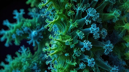 Macro Organic Texture of Freeze-Dried Algae, Fractal Cluster Pattern, Blue Green
