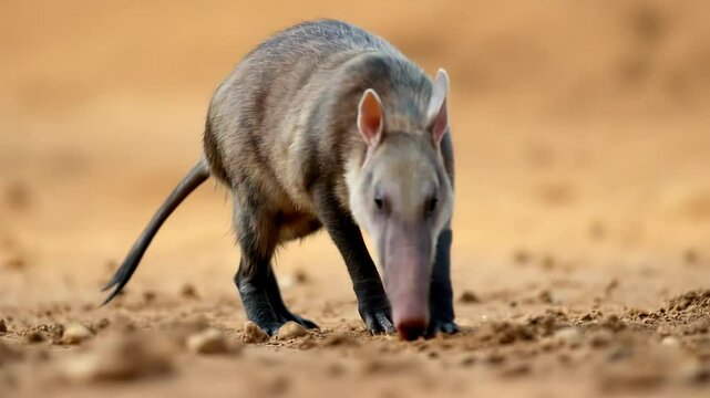  An aardvark walking with its long claws digging into the soft earth