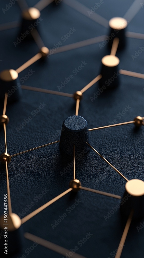 Poster abstract network connection: golden nodes and lines on dark blue background