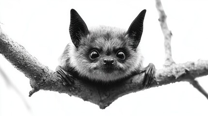Adorable Bat on Branch: A Black and White Portrait