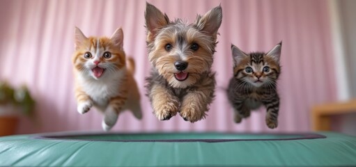 Adorable Pets in Mid-Air: A Yorkshire Terrier and Two Kittens Leap Joyfully