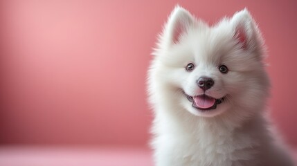 Adorable White Puppy Against Pink Background