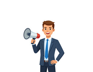 Fototapeta premium Cartoon Businessman with Megaphone Smiling Blue Suit and Communication