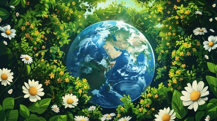 A drawing of the Earth depicted as a blue sphere surrounded by vibrant greenery and flowers, symbolizing the importance of preserving the environment.