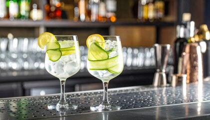 Gin and tonic cocktail with lemon and cucumber on minimalist bar background
