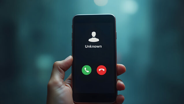 Fraud and Phishing Concept with Unknown Caller Alert. A phone displaying an incoming call from an unknown number, symbolizing fraud, phishing, and spam call warnings. scammer or stranger, Prank caller