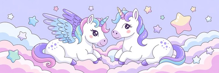 Naklejka premium Two charming unicorns with pastel manes rest peacefully among fluffy clouds and twinkling stars