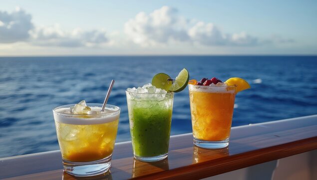 Tropical cocktails, ocean view, cruise ship, sunset