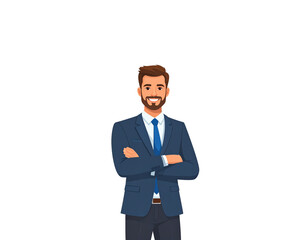 Obraz premium Confident cartoon businessman with crossed arms wearing a blue suit and tie (1)