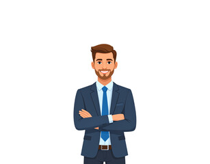 Obraz premium Confident cartoon businessman with crossed arms wearing a blue suit and tie