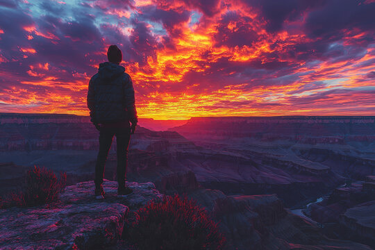 A solo traveler standing on a cliff edge overlooking the Grand Canyon at sunset, dramatic sky with vibrant orange and purple hues - Powered by Adobe