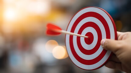 Concept business strategy and future sustainable business finance action plan. Hand holding target board for creative and set up business objective target and success and business goals concept.